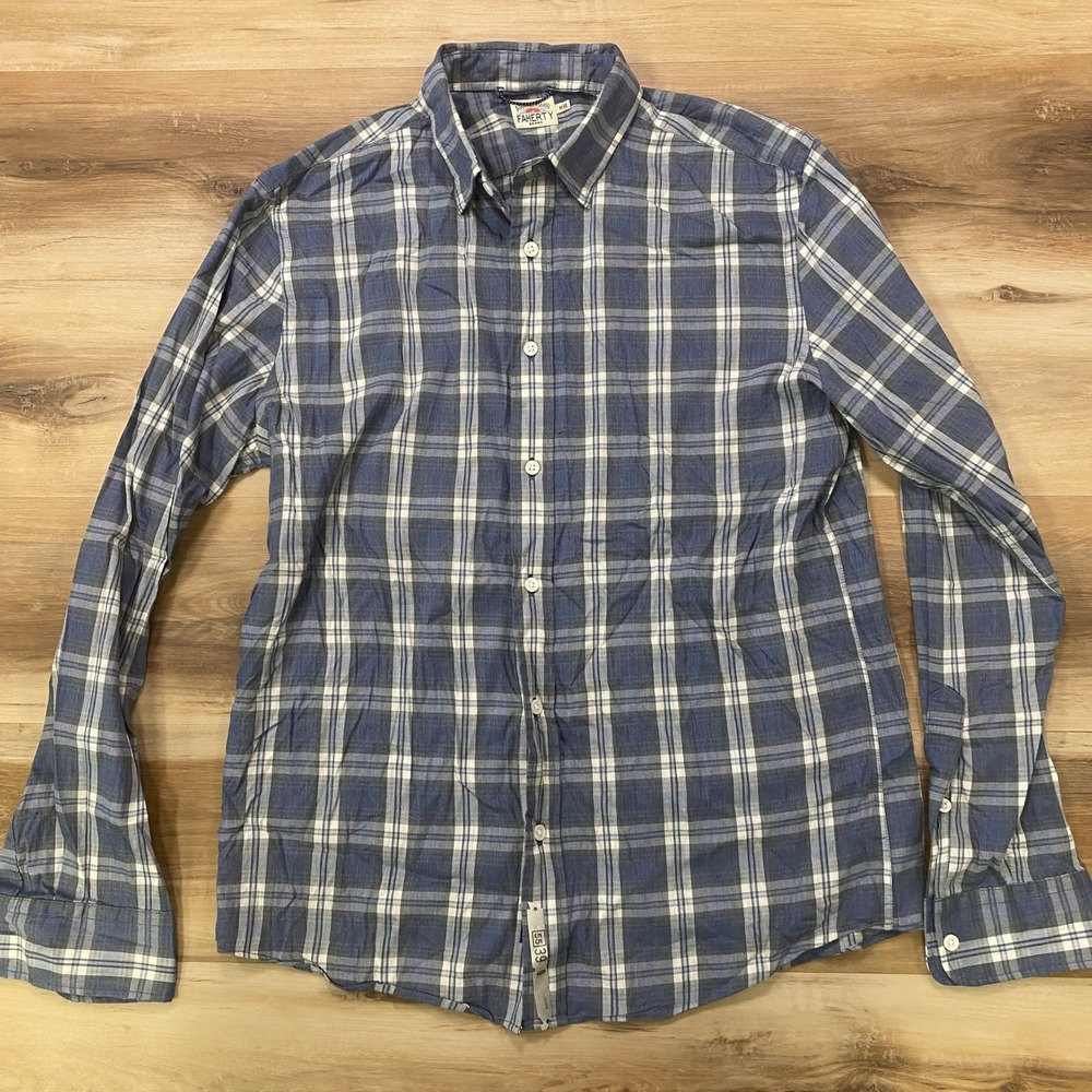 Faherty Movement Plaid Button Up Shirt M Blue White Cotton Blend Stretch MWF2112
